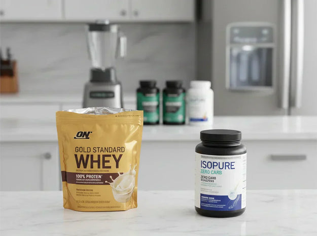 whey protein and whey protein isolate is on shelf of the kitchen
