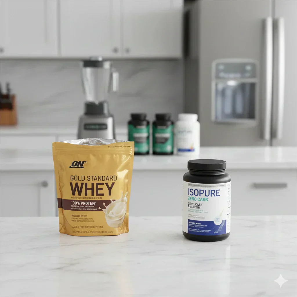 whey protein and whey protein isolate is on shelf of the kitchen
